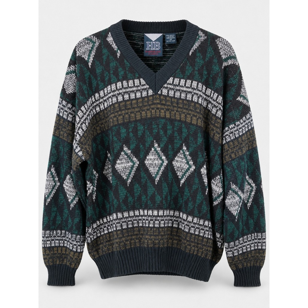 Vintage 90s Harbor Bay V-Neck Sweater Mens 3X Green Black Geometric Diamond